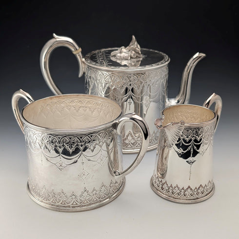 英國古董維多利亞鍍銀鼓茶壺 3 件套 WILLIAM HOWE